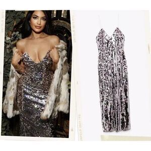 ZARA Dress XS Silver Strappy Sequin Midi Party 9373/567 Prom V-Neck Sparkle